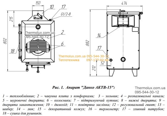 Котел-плита Данко АКТВ-15к на твердом топливе на дровах (одна конфорка)