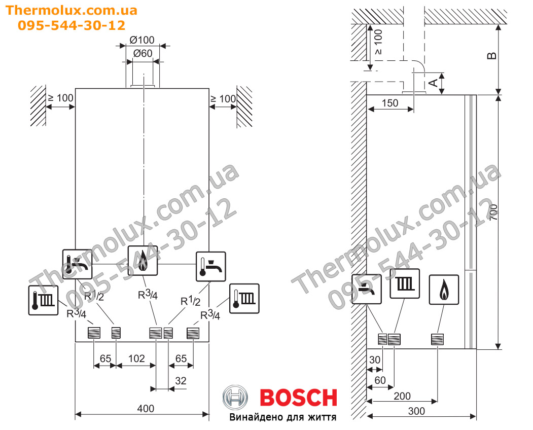Габаритные размеры газового котла Bosch Gaz 6000 W