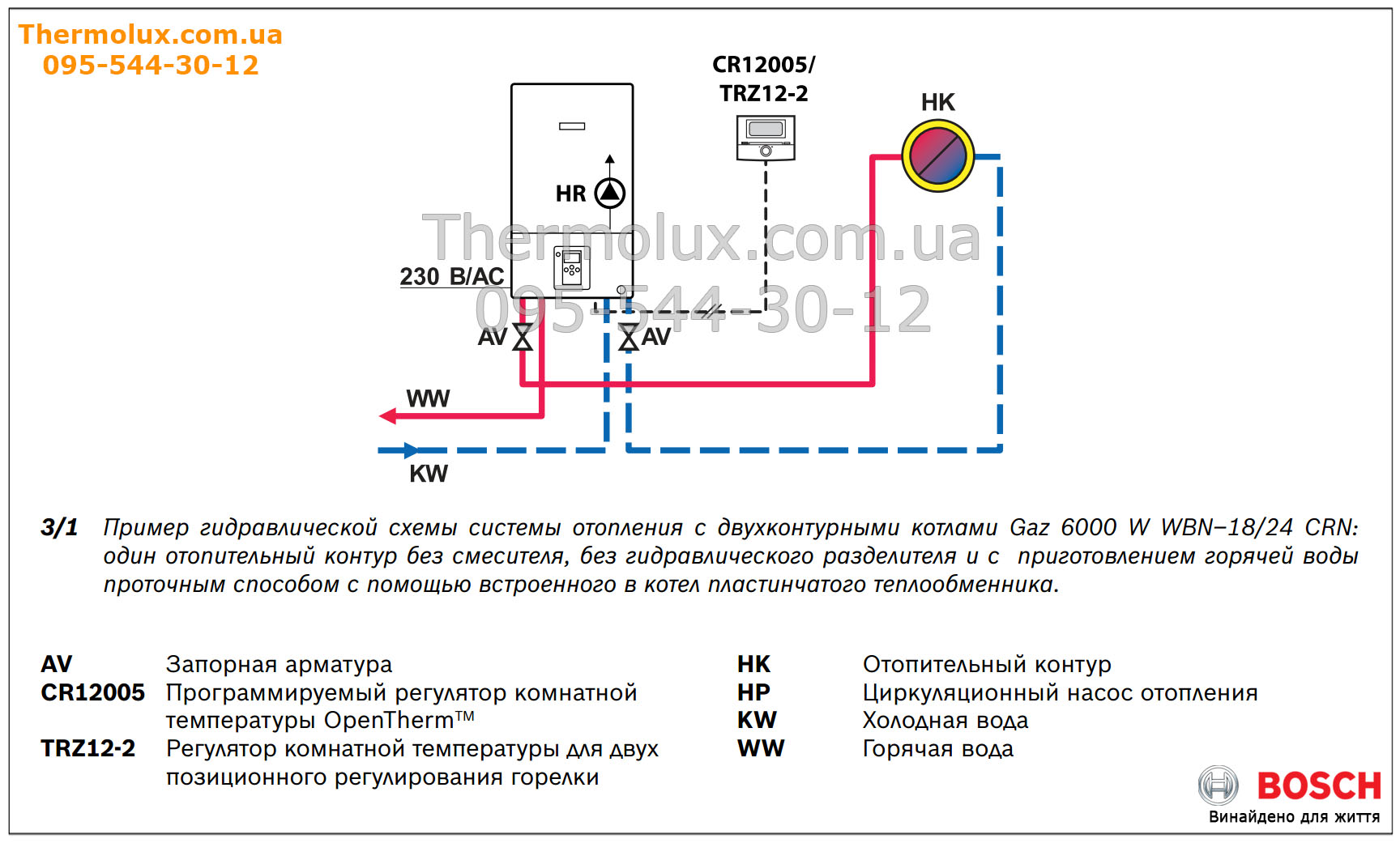 Гидравлическая схема отопления для двухконтурных котлов Bosch Gaz 6000 W