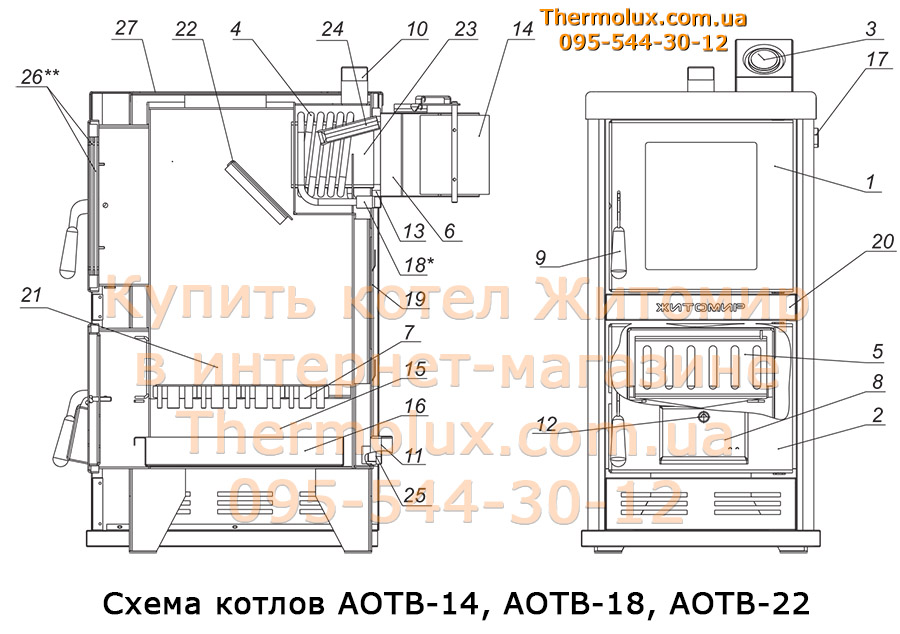 Схема и разрез котла Житомир на твердом топливе АОТВ-14